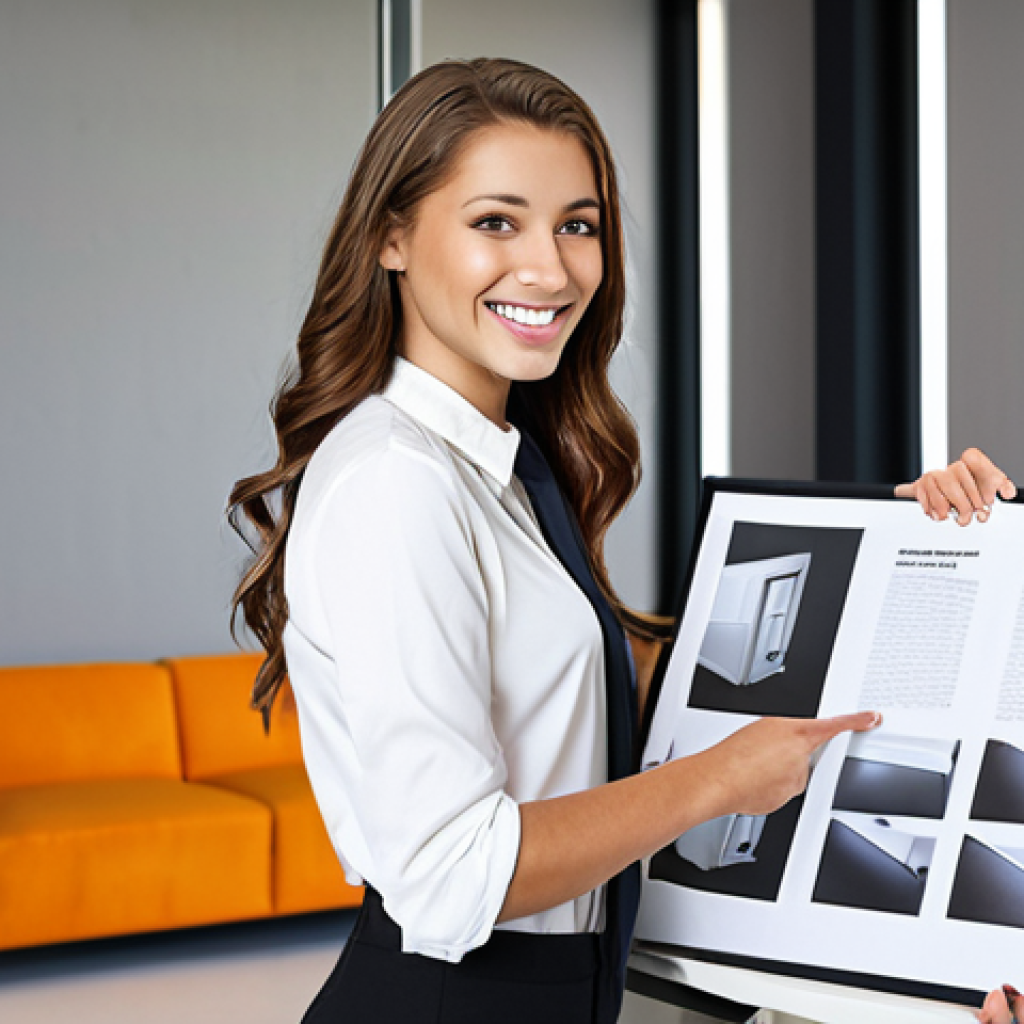 **Confident Interior Designer:** A young, smiling interior designer confidently presenting a portfolio in a modern office setting, emphasizing professionalism and skill.