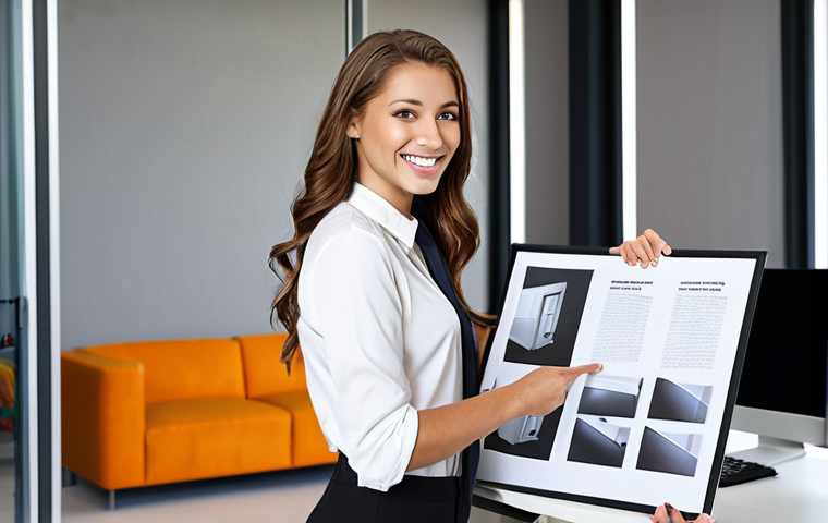 **Confident Interior Designer:** A young, smiling interior designer confidently presenting a portfolio in a modern office setting, emphasizing professionalism and skill.