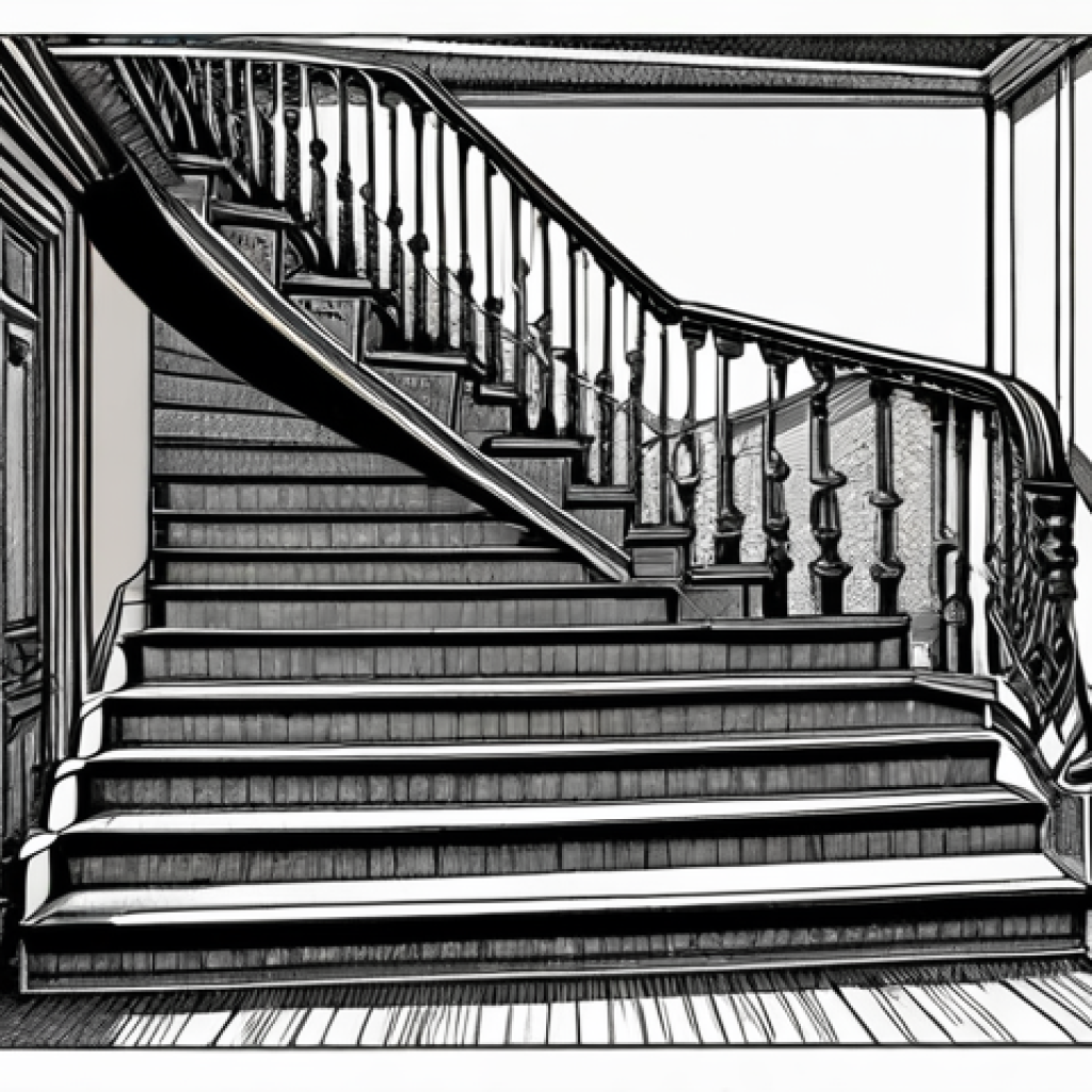 A detailed interior design drawing showcasing a staircase inspired by the movie "Parasite", emphasizing the spatial design and unique architectural elements.