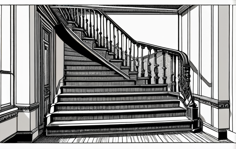 A detailed interior design drawing showcasing a staircase inspired by the movie "Parasite", emphasizing the spatial design and unique architectural elements.