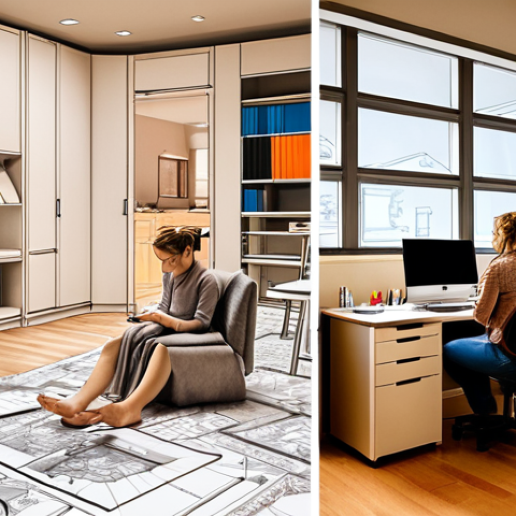 A visually striking split image illustrating the profound shift in interior design. On the left, a sepia-toned, slightly blurred background depicts a designer hunched over a desk, laboriously hand-sketching floor plans with colored pencils, emphasizing the time-consuming and imprecise nature of traditional methods. On the right, a vibrant, well-lit foreground shows a modern interior designer confidently interacting with multiple large monitors displaying intricate, precise 2D and 3D CAD models of an interior space. The screens reflect quick, seamless modifications and various design alternatives, highlighting efficiency, accuracy, and ease of communication with clients. The overall composition should convey a dramatic progression from manual to digital mastery, embodying the "before and after" of CAD adoption.