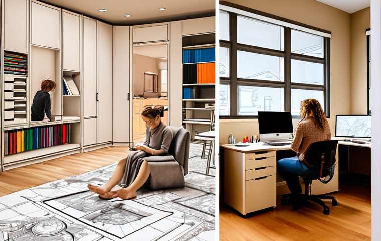 A visually striking split image illustrating the profound shift in interior design. On the left, a sepia-toned, slightly blurred background depicts a designer hunched over a desk, laboriously hand-sketching floor plans with colored pencils, emphasizing the time-consuming and imprecise nature of traditional methods. On the right, a vibrant, well-lit foreground shows a modern interior designer confidently interacting with multiple large monitors displaying intricate, precise 2D and 3D CAD models of an interior space. The screens reflect quick, seamless modifications and various design alternatives, highlighting efficiency, accuracy, and ease of communication with clients. The overall composition should convey a dramatic progression from manual to digital mastery, embodying the "before and after" of CAD adoption.