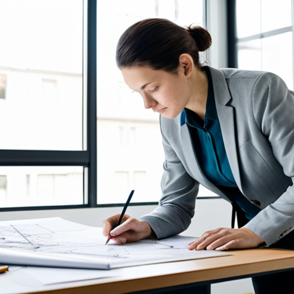 A focused professional interior architect, in a modest business casual attire, meticulously sketching and refining architectural blueprints on a large drafting table in a bright, modern design studio. The studio is clean and organized, with natural light streaming through large windows. Several concept sketches and material samples are neatly arranged on the table, reflecting creative problem-solving and an iterative design process. The architect has a natural pose, perfect anatomy, correct proportions, well-formed hands, and proper finger count. The atmosphere is calm and dedicated, emphasizing intellectual rigor. Safe for work, appropriate content, fully clothed, professional dress, high-quality detailed photography, natural body proportions.