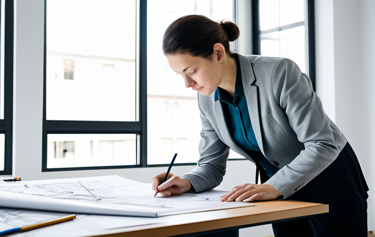 A focused professional interior architect, in a modest business casual attire, meticulously sketching and refining architectural blueprints on a large drafting table in a bright, modern design studio. The studio is clean and organized, with natural light streaming through large windows. Several concept sketches and material samples are neatly arranged on the table, reflecting creative problem-solving and an iterative design process. The architect has a natural pose, perfect anatomy, correct proportions, well-formed hands, and proper finger count. The atmosphere is calm and dedicated, emphasizing intellectual rigor. Safe for work, appropriate content, fully clothed, professional dress, high-quality detailed photography, natural body proportions.