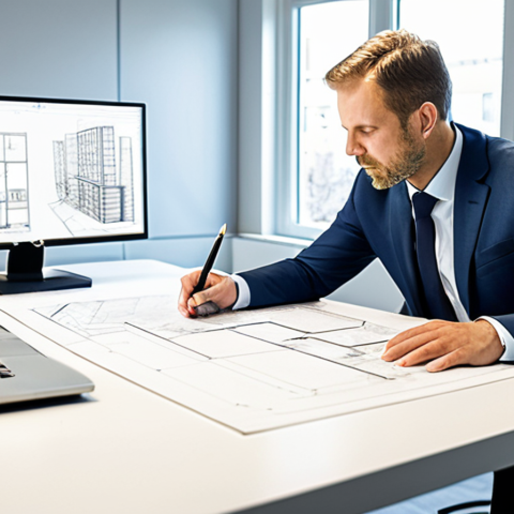 A focused professional interior architect, fully clothed in a modest business suit, meticulously reviewing architectural blueprints and sketches at a spacious, light-filled desk in a modern design studio. The scene highlights the architect's concentration and precision, surrounded by drafting tools, architectural models, and a computer displaying 3D renderings. Natural light streams through large windows, creating a bright and professional atmosphere that emphasizes critical thinking and the art of problem-solving in design. Perfect anatomy, correct proportions, natural pose, well-formed hands, proper finger count, natural body proportions, professional photography, high detail, high quality, safe for work, appropriate content, fully clothed, professional.