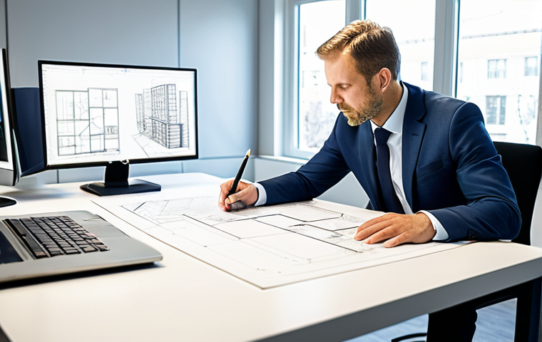 A focused professional interior architect, fully clothed in a modest business suit, meticulously reviewing architectural blueprints and sketches at a spacious, light-filled desk in a modern design studio. The scene highlights the architect's concentration and precision, surrounded by drafting tools, architectural models, and a computer displaying 3D renderings. Natural light streams through large windows, creating a bright and professional atmosphere that emphasizes critical thinking and the art of problem-solving in design. Perfect anatomy, correct proportions, natural pose, well-formed hands, proper finger count, natural body proportions, professional photography, high detail, high quality, safe for work, appropriate content, fully clothed, professional.