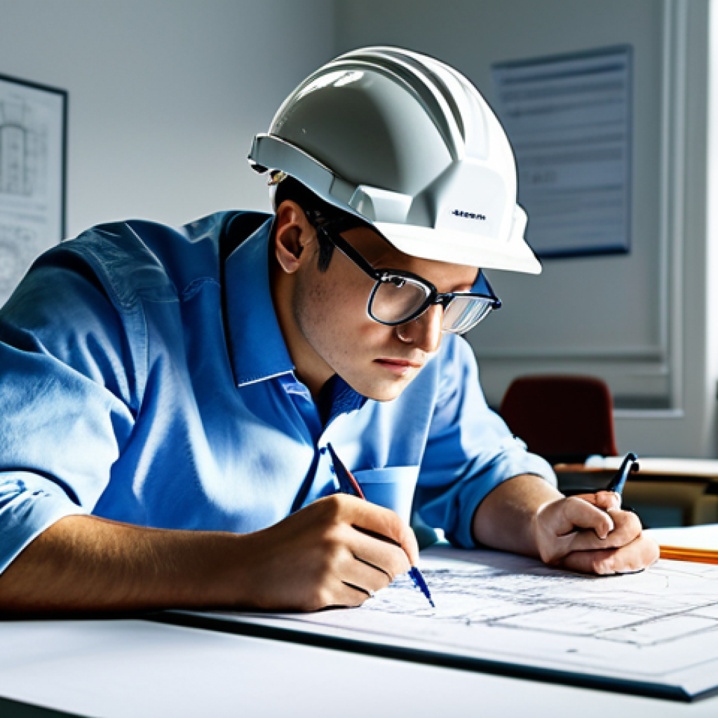 **
"A student architect meticulously studying a detailed blueprint in a brightly lit studio, fully clothed in appropriate attire, safety glasses perched on their head, surrounded by architectural models and drafting tools. Safe for work, perfect anatomy, correct proportions, professional, well-lit environment, appropriate content, high resolution."
**