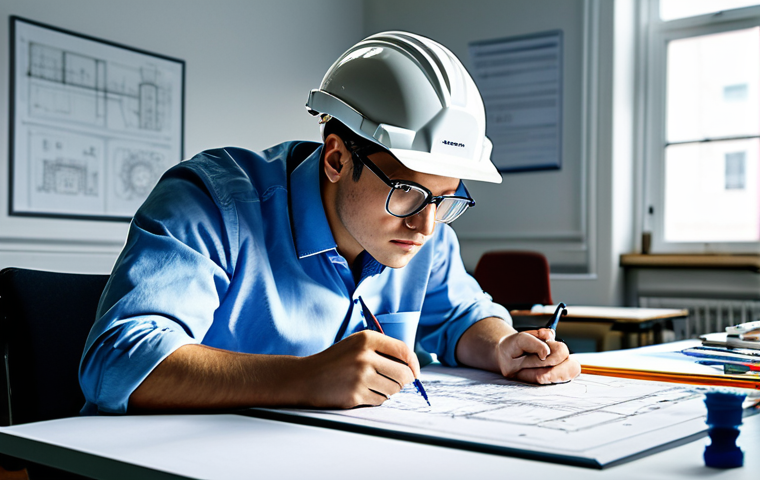 **
"A student architect meticulously studying a detailed blueprint in a brightly lit studio, fully clothed in appropriate attire, safety glasses perched on their head, surrounded by architectural models and drafting tools. Safe for work, perfect anatomy, correct proportions, professional, well-lit environment, appropriate content, high resolution."
**