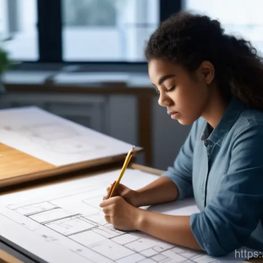 실내건축 실기 시험에서 합격을 위한 요령 - A focused young female interior architecture student meticulously hand-drafting a detailed floor pla...