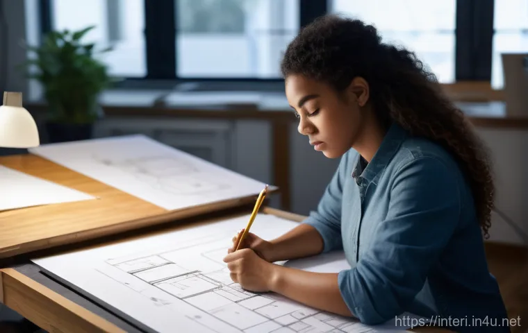 실내건축 실기 시험에서 합격을 위한 요령 - A focused young female interior architecture student meticulously hand-drafting a detailed floor pla...