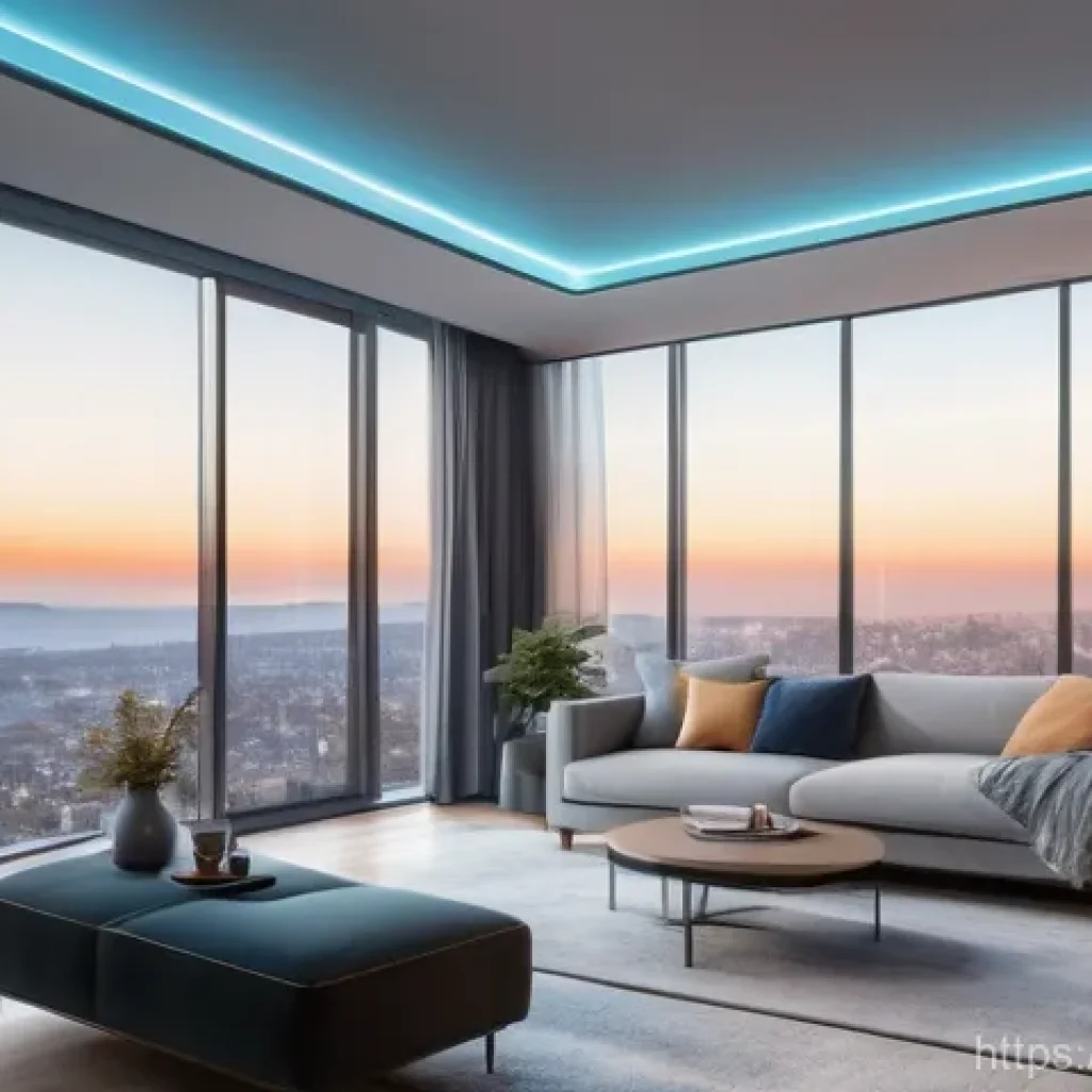 실내건축과 건축 공학의 융합 - A contemporary, minimalist smart home living room with large windows overlooking a city skyline. A y...