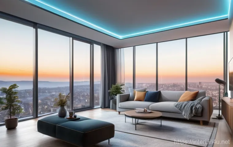 실내건축과 건축 공학의 융합 - A contemporary, minimalist smart home living room with large windows overlooking a city skyline. A y...