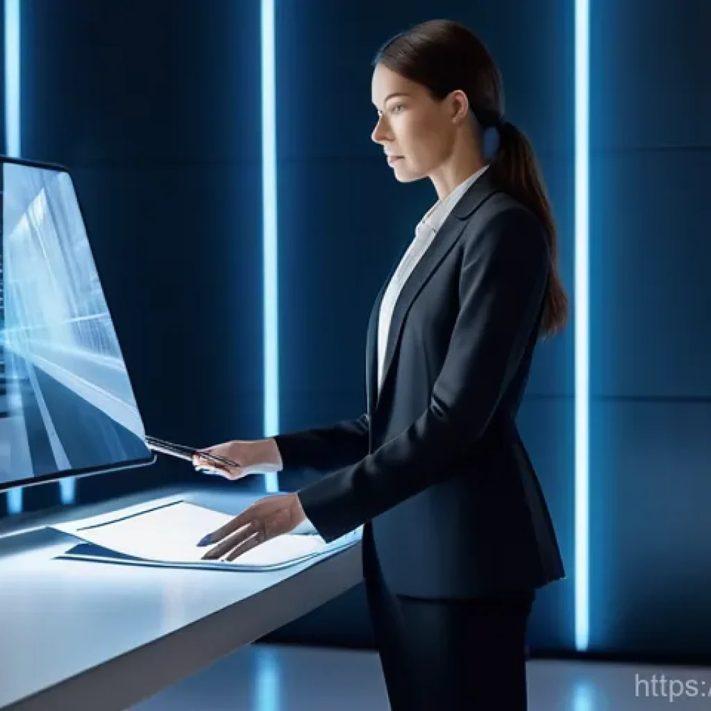 실내건축 전문 용어 사전 - A female architect in her late 30s, dressed in a sleek charcoal suit, stands confidently in a futuri...