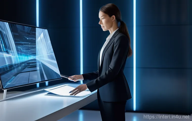 실내건축 전문 용어 사전 - A female architect in her late 30s, dressed in a sleek charcoal suit, stands confidently in a futuri...