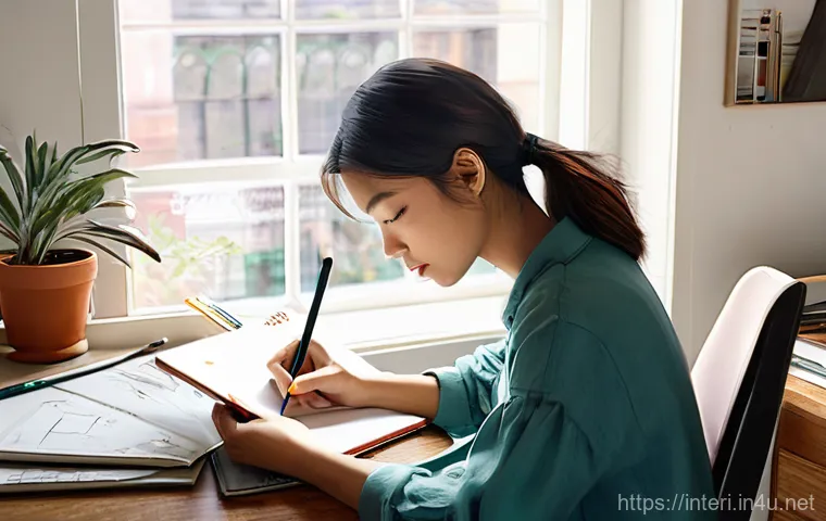 실내건축 실습에서 필요한 준비물 - **Prompt 1: The Creative Spark - Sketching Ideas**
A young female interior architecture student,...