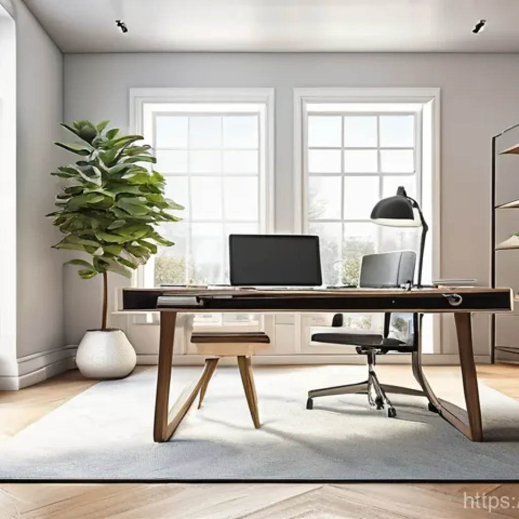 실내건축 실습에서 강조해야 할 기술들 - A focused interior designer, a woman in her late 20s, sits at a sleek, minimalist desk in a modern, ...