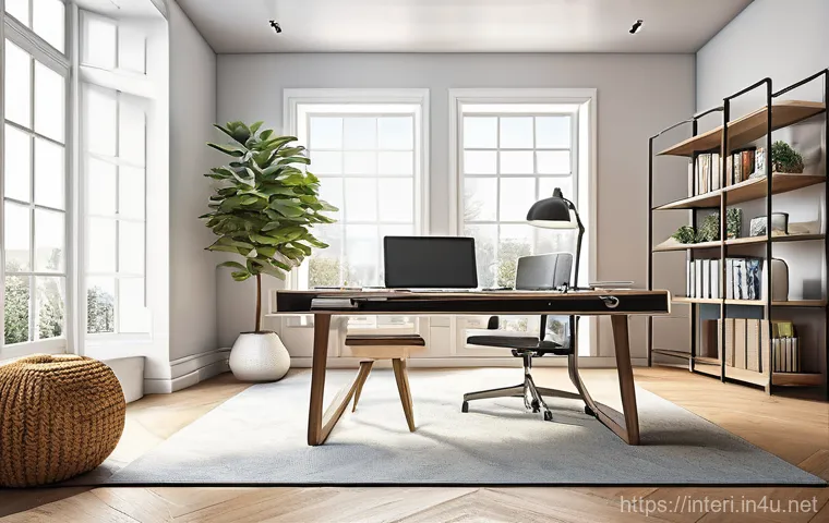 실내건축 실습에서 강조해야 할 기술들 - A focused interior designer, a woman in her late 20s, sits at a sleek, minimalist desk in a modern, ...