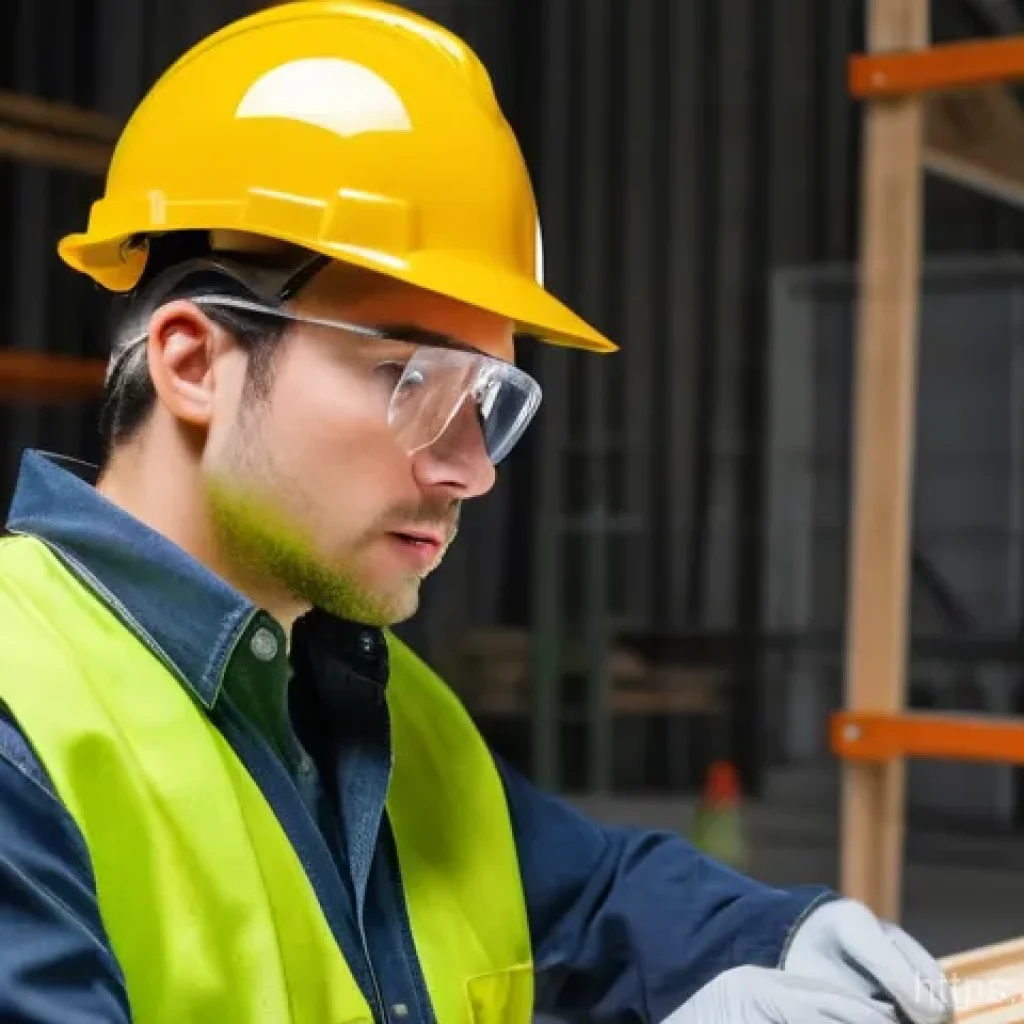 실내건축 실습에서 강조되는 안전 지침 - A young, focused adult (gender-neutral) intern or student, dressed in full personal protective equip...