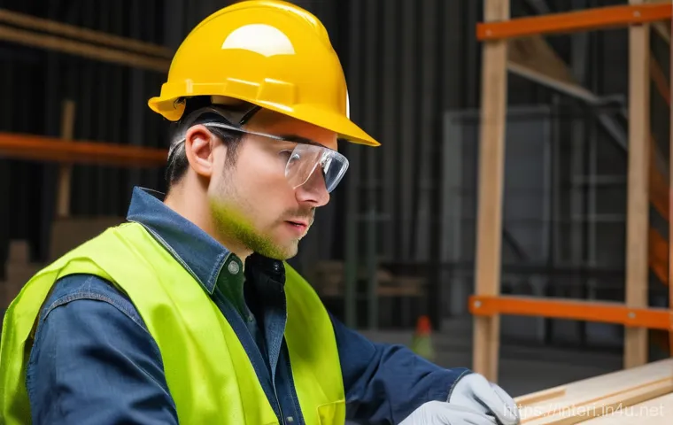 실내건축 실습에서 강조되는 안전 지침 - A young, focused adult (gender-neutral) intern or student, dressed in full personal protective equip...