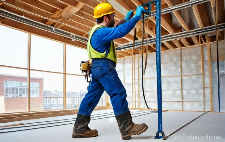 실내건축 실습에서 강조되는 안전 지침 - A young, focused adult (gender-neutral) intern or student, dressed in full personal protective equip... 실내건축 실습에서 강조되는 안전 지침 - A young, focused adult (gender-neutral) intern or student, dressed in full personal protective equip...