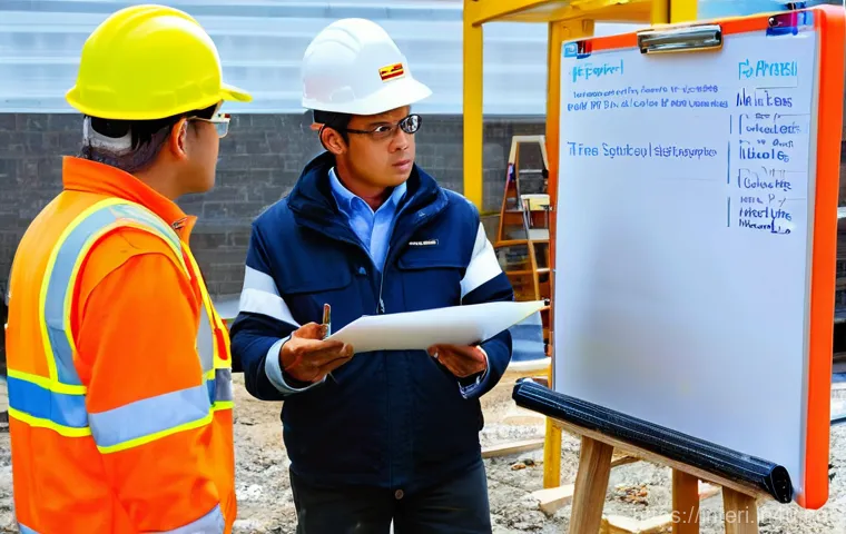 실내건축 실습에서 강조되는 안전 지침 - An experienced construction worker (male, in his late 30s to early 40s), wearing a blue hard hat, cl... 실내건축 실습에서 강조되는 안전 지침 - An experienced construction worker (male, in his late 30s to early 40s), wearing a blue hard hat, cl...