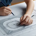 실내건축 실기 시험의 합격 방법들 - **Image Prompt 1: Focused Drafting Practice**
    A close-up, high-angle shot of a young adult, poss...