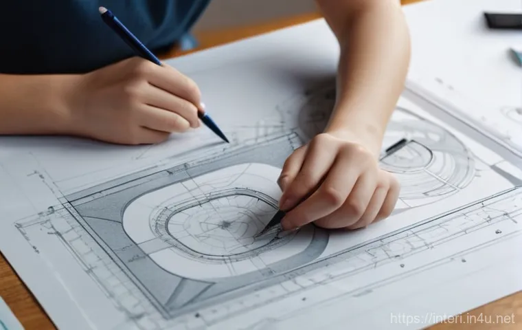 실내건축 실기 시험의 합격 방법들 - **Image Prompt 1: Focused Drafting Practice**
    A close-up, high-angle shot of a young adult, poss...