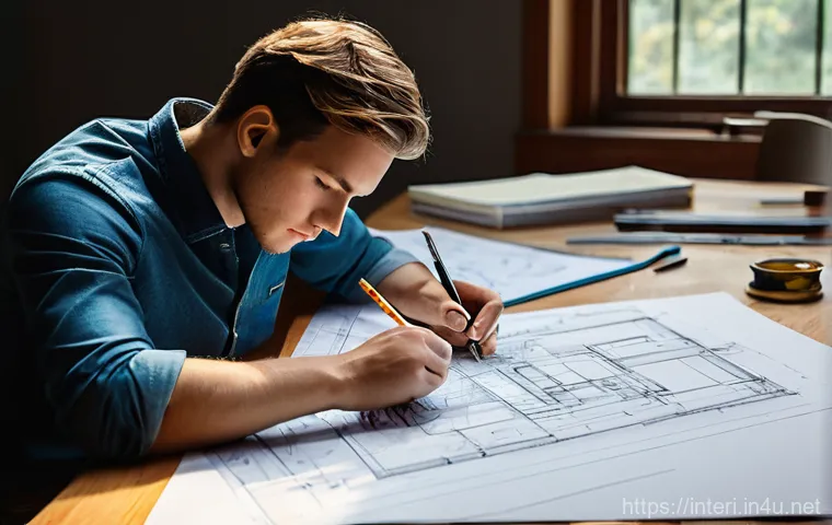 실내건축 실기 시험의 합격 방법들 - **Image Prompt 1: Focused Drafting Practice**
    A close-up, high-angle shot of a young adult, poss...