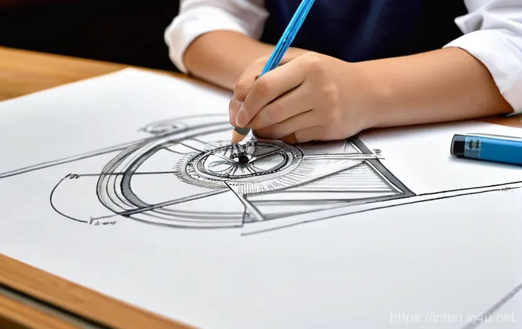 실내건축 실기 시험의 합격 방법들 - **Image Prompt 2: Mastering Interior Design Blueprints**
    A thoughtful, mid-shot of an interior d...