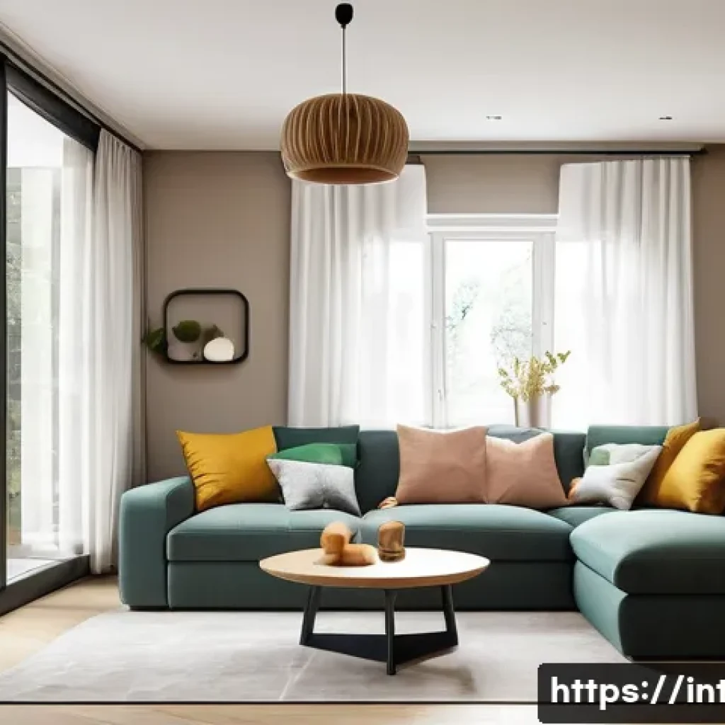 실내건축 실기에서 자주 나오는 문제 - A warm and inviting interior shot of a modern residential living room designed for a young family. T...