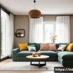 실내건축 실기에서 자주 나오는 문제 - A warm and inviting interior shot of a modern residential living room designed for a young family. T...