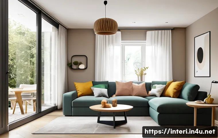 실내건축 실기에서 자주 나오는 문제 - A warm and inviting interior shot of a modern residential living room designed for a young family. T...