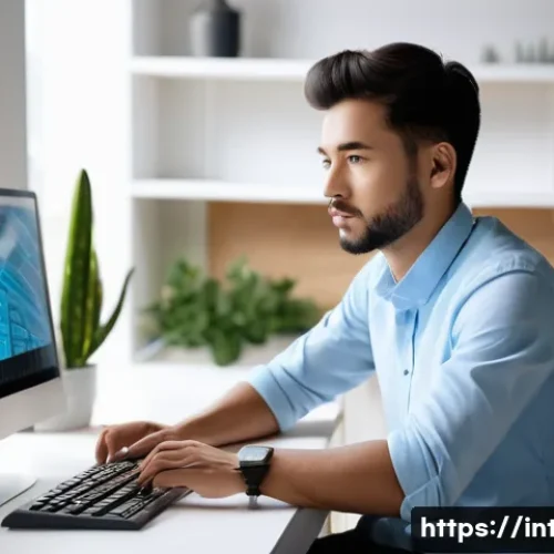 Home 31 실내건축 실무에서 사용하는 소프트웨어 - **Prompt:** A young, focused male architect, in his late 20s, wearing a neatly pressed light blue bu...