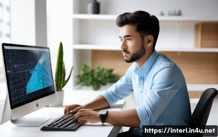 실내건축 실무에서 사용하는 소프트웨어 - **Prompt:** A young, focused male architect, in his late 20s, wearing a neatly pressed light blue bu...