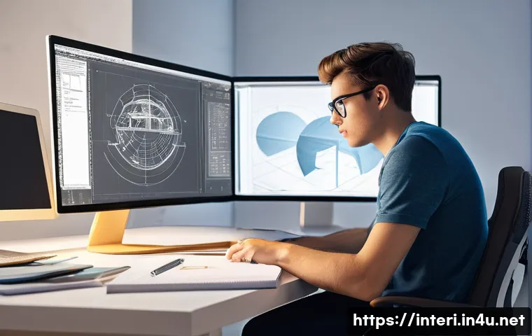 실내건축 실습 중 자주 발생하는 문제와 해결 방법들 - **Image Prompt 1: Overcoming CAD/3D Rendering Challenges**
    A determined young interior architect...