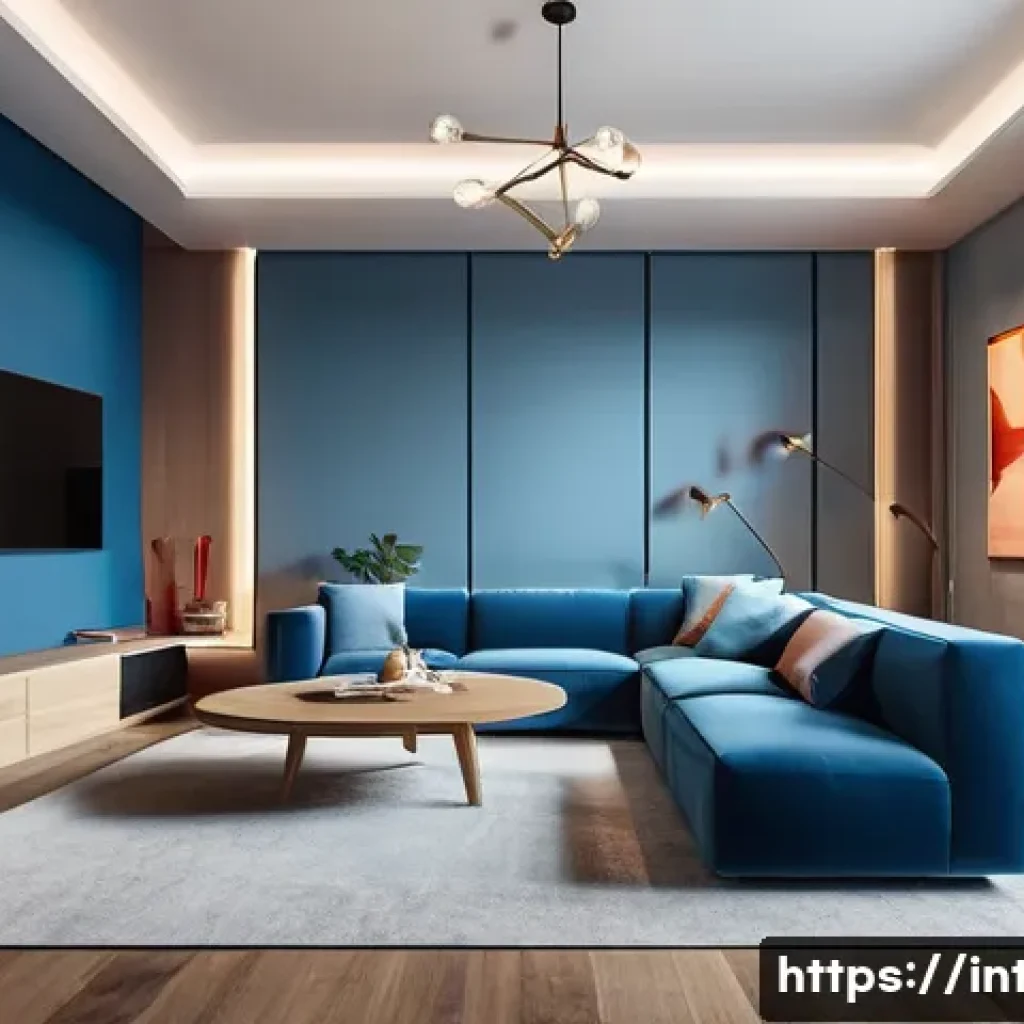 실내건축 이론에서 자주 언급되는 개념 - A modern interior space showcasing the harmony of light and color: warm-toned lighting illuminating ...