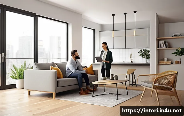 실내건축 자격증으로 가능한 창업 아이템 - A modern interior design consultation scene showing a professional designer discussing a customized ...