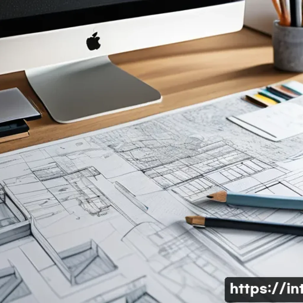 실내건축 실기 시험의 합격 비결 - A detailed interior architectural workspace scene showing a designer&rsquo;s desk filled with architectura...