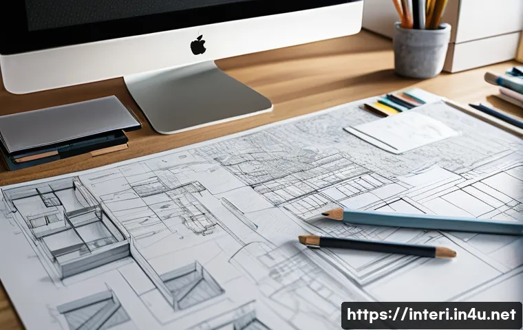실내건축 실기 시험의 합격 비결 - A detailed interior architectural workspace scene showing a designer&rsquo;s desk filled with architectura...