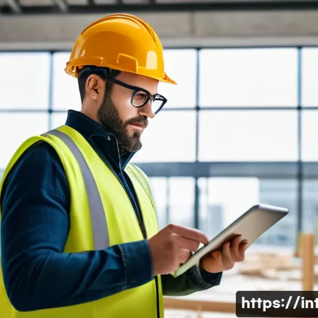 실내건축기사 자격증을 취득한 사람들의 커리어 - A professional interior architect wearing smart casual attire and safety glasses, actively supervisi...