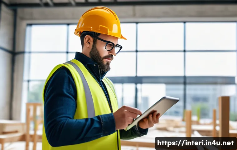 실내건축기사 자격증을 취득한 사람들의 커리어 - A professional interior architect wearing smart casual attire and safety glasses, actively supervisi...