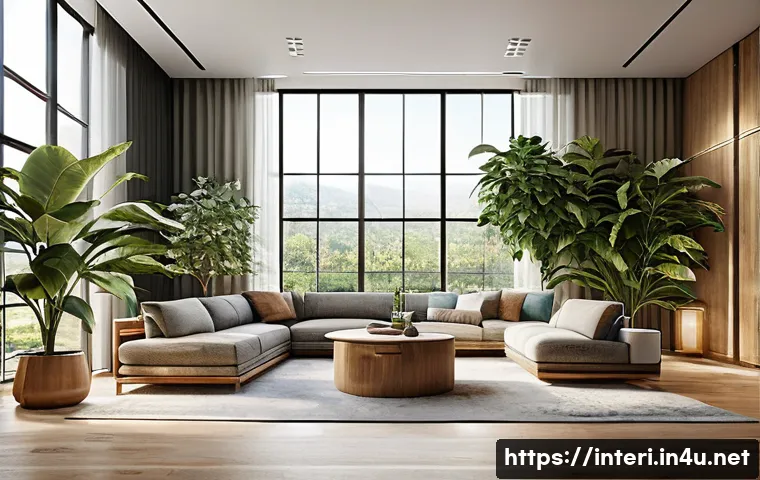 실내건축과 관련된 디자인 경연대회 정보 - A modern interior space showcasing biophilic design principles: abundant natural light streaming thr...