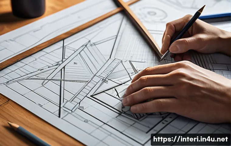 실내건축 실기 시험의 합격 비결들 - A detailed indoor architectural drafting scene showing a close-up of hands skillfully using drafting...