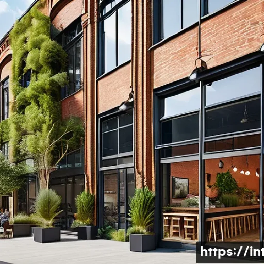실내건축과 재생 건축 프로젝트 사례 - An urban regeneration scene showcasing a historic industrial warehouse transformed into a vibrant mi...