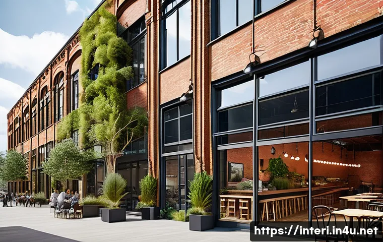 실내건축과 재생 건축 프로젝트 사례 - An urban regeneration scene showcasing a historic industrial warehouse transformed into a vibrant mi...