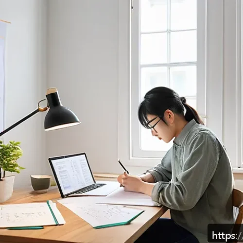 Home 33 실내건축 자격증 독학 성공 사례 - A focused study scene in a cozy home office where a young adult is diligently studying for the Inter...