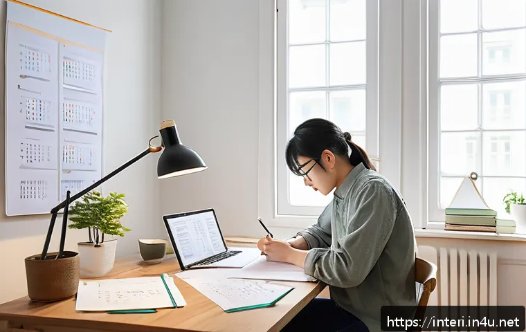실내건축 자격증 독학 성공 사례 - A focused study scene in a cozy home office where a young adult is diligently studying for the Inter...