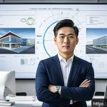 Home 19 실내건축기사 자격증의 법적 효용 - A professional indoor architect wearing smart business casual attire, standing confidently in a mode...