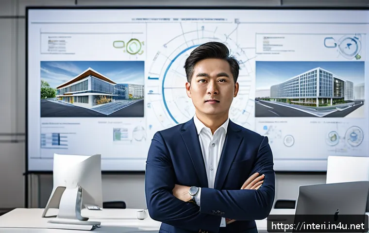 실내건축기사 자격증의 법적 효용 - A professional indoor architect wearing smart business casual attire, standing confidently in a mode...