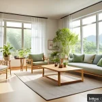 Home 18 실내건축에서 최신 트렌드 반영법 - A bright, eco-friendly living room flooded with natural sunlight through large floor-to-ceiling wind...